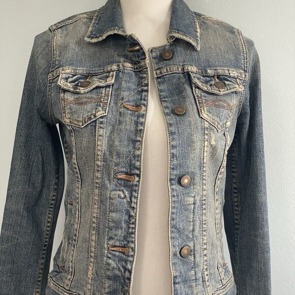 Abercrombie Fitch Trucker Jacket Mediym Blue Denim Jean Distressed Y2K Grunge M - Picture 2 of 15